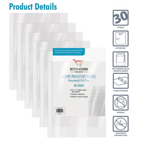 Better Kitchen Products Recipe Sheet Protectors, 8.5in. x 11in.Top Load, 3-Hole Punched, for Recipe Binders, 30PK 81011